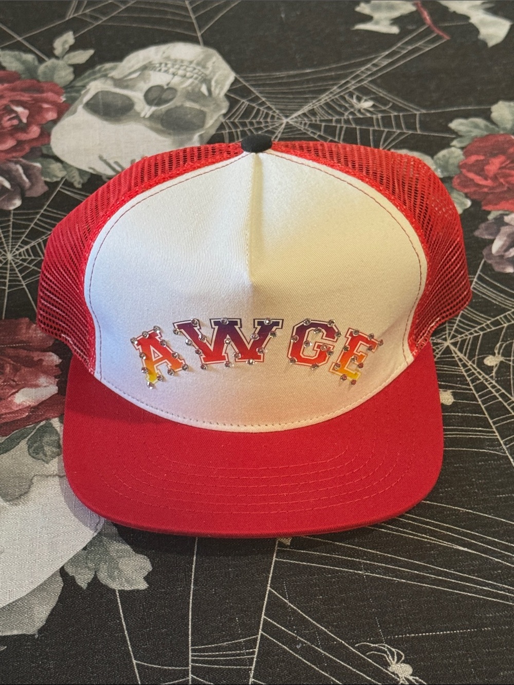 NEW ASAP ROCKY AWGE RED/WHITE RHINESTONE TRUCKERS SNAPBACK HAT OS RARE
